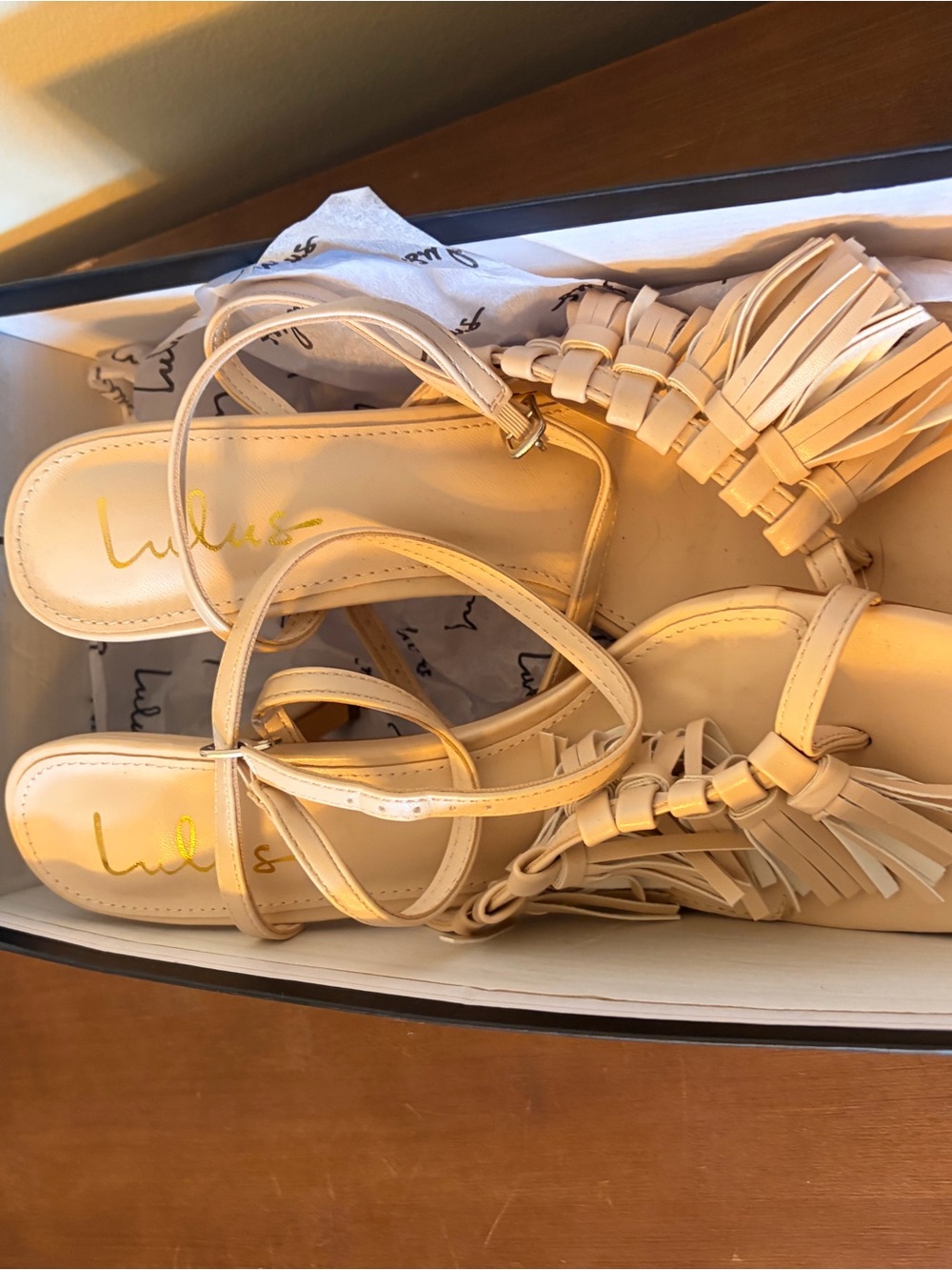 Lulu's Nude Fringe Ankle-Strap Sandals